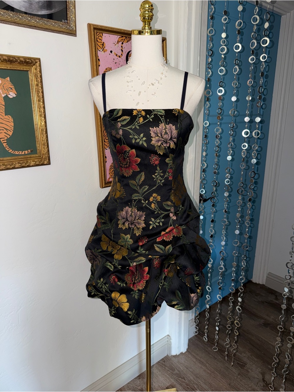 Vintage Y2K Floral Brocade Black Mini Dress with Spaghetti Straps